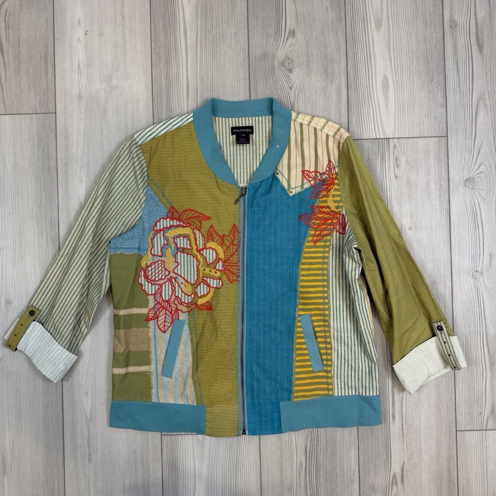 MULTIPLES Womens Cotton Jacket Medium Boho Embroidered Patchwork Print Floral